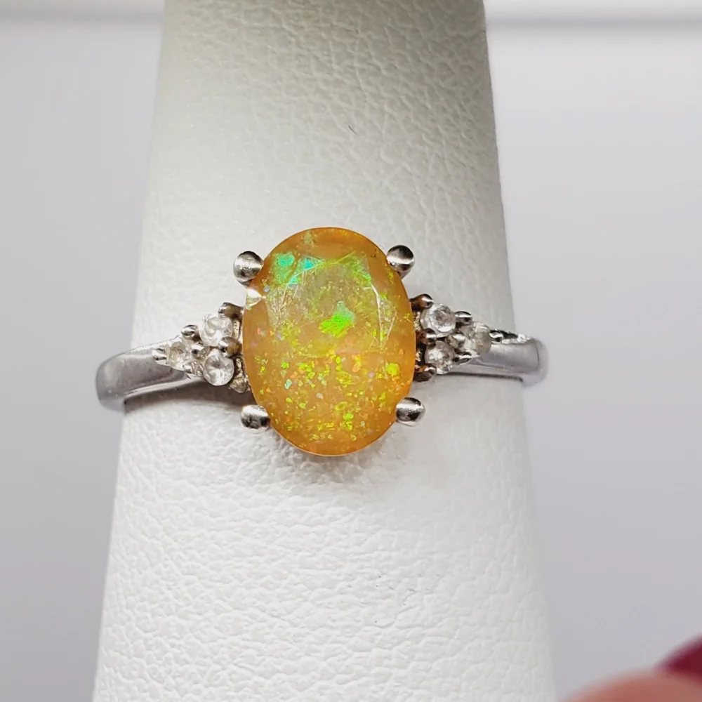 10k Solid White Gold Genuine Ethiopian Oval Opal & White Zircon Ring